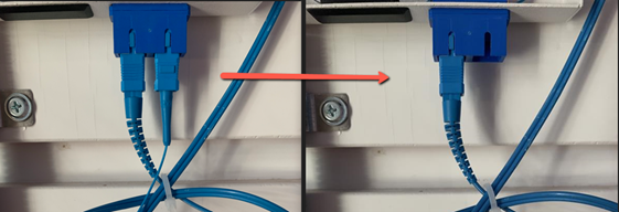 Dubbel bild som visar dubbla kontakthuvuden på en fiberpatch och en enkel fiberpatch.