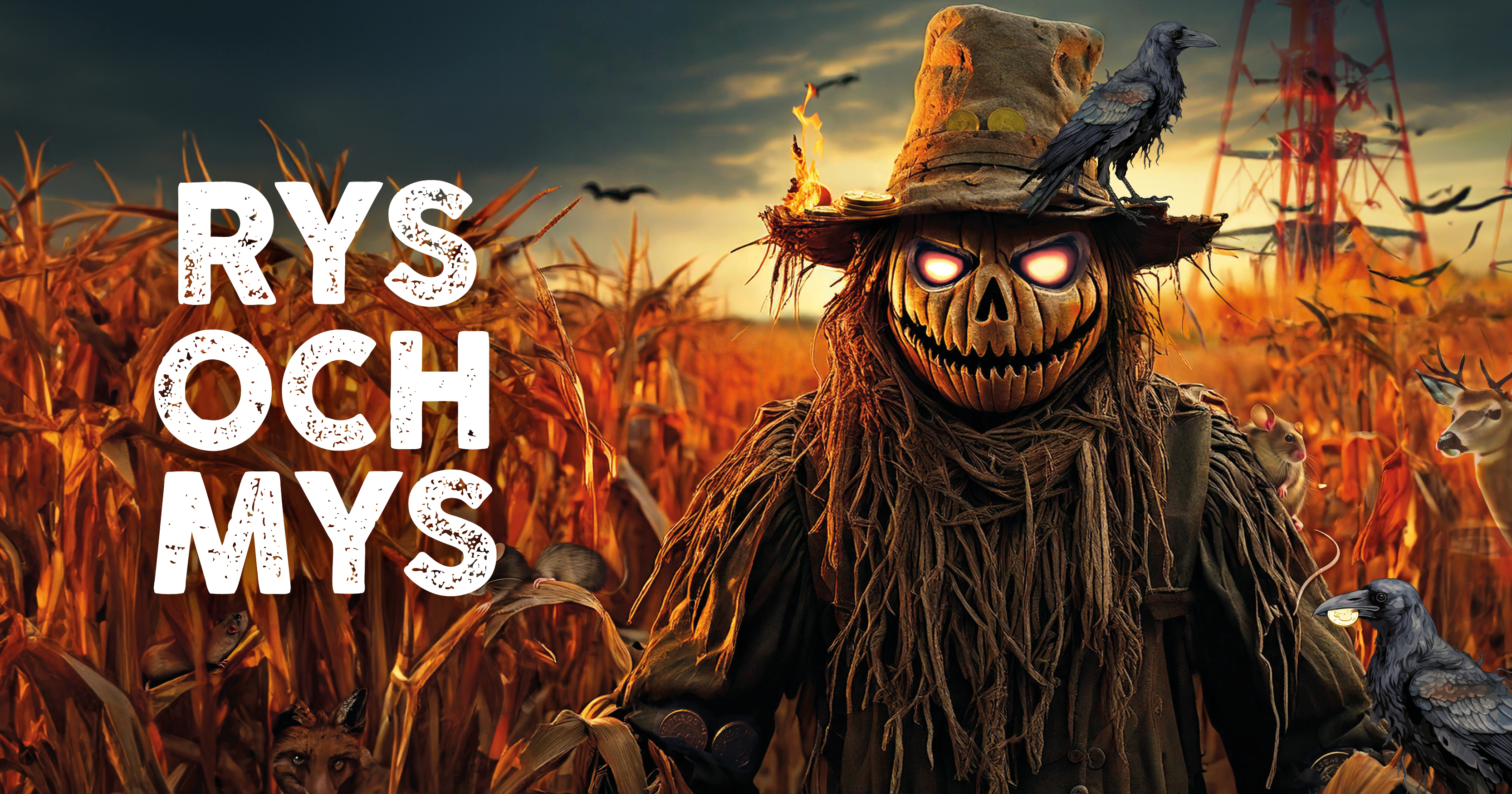 En läskig fågelskrämma på ett majsfält runtomkring