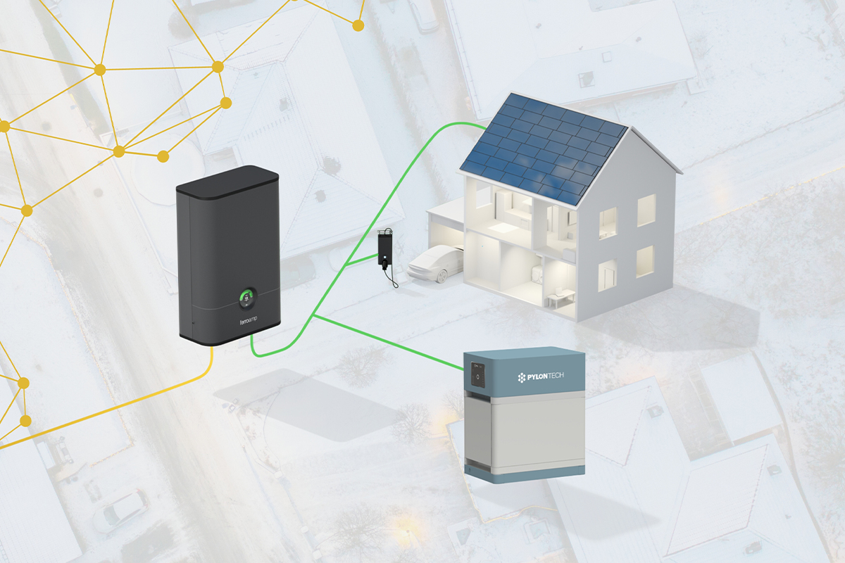 Illustration med ett hus som är ihopkopplat med andra två batterienheter.