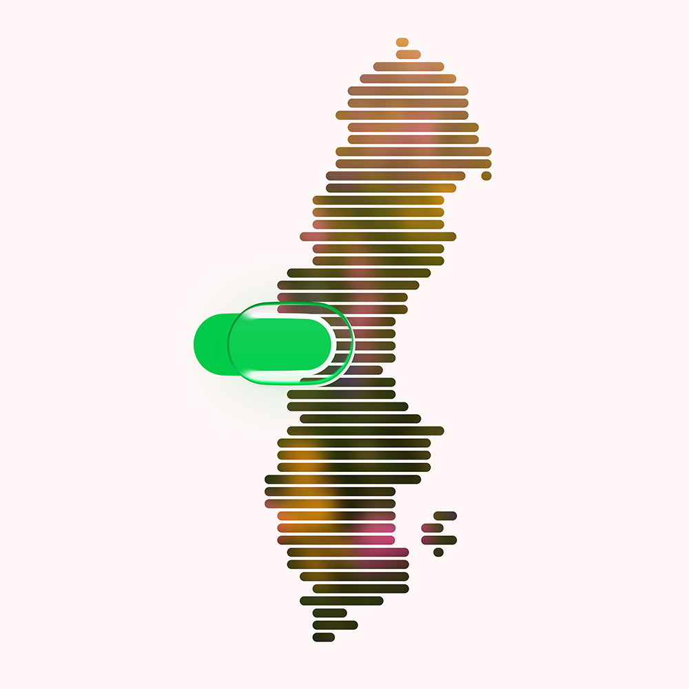Illustration över Sverige med en grön toggle-knapp ovanpå.