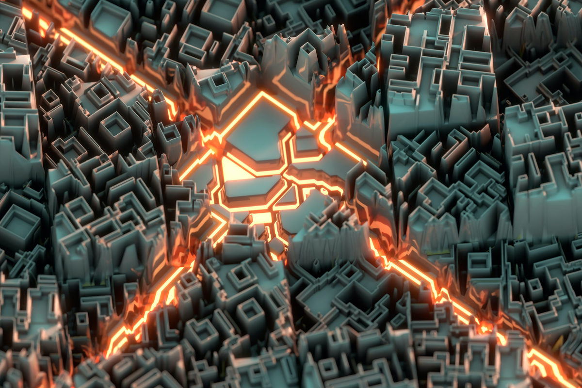 Fantasimönster med fyrkanter i grått och glödande orange som ett kors tvärs över bilden.