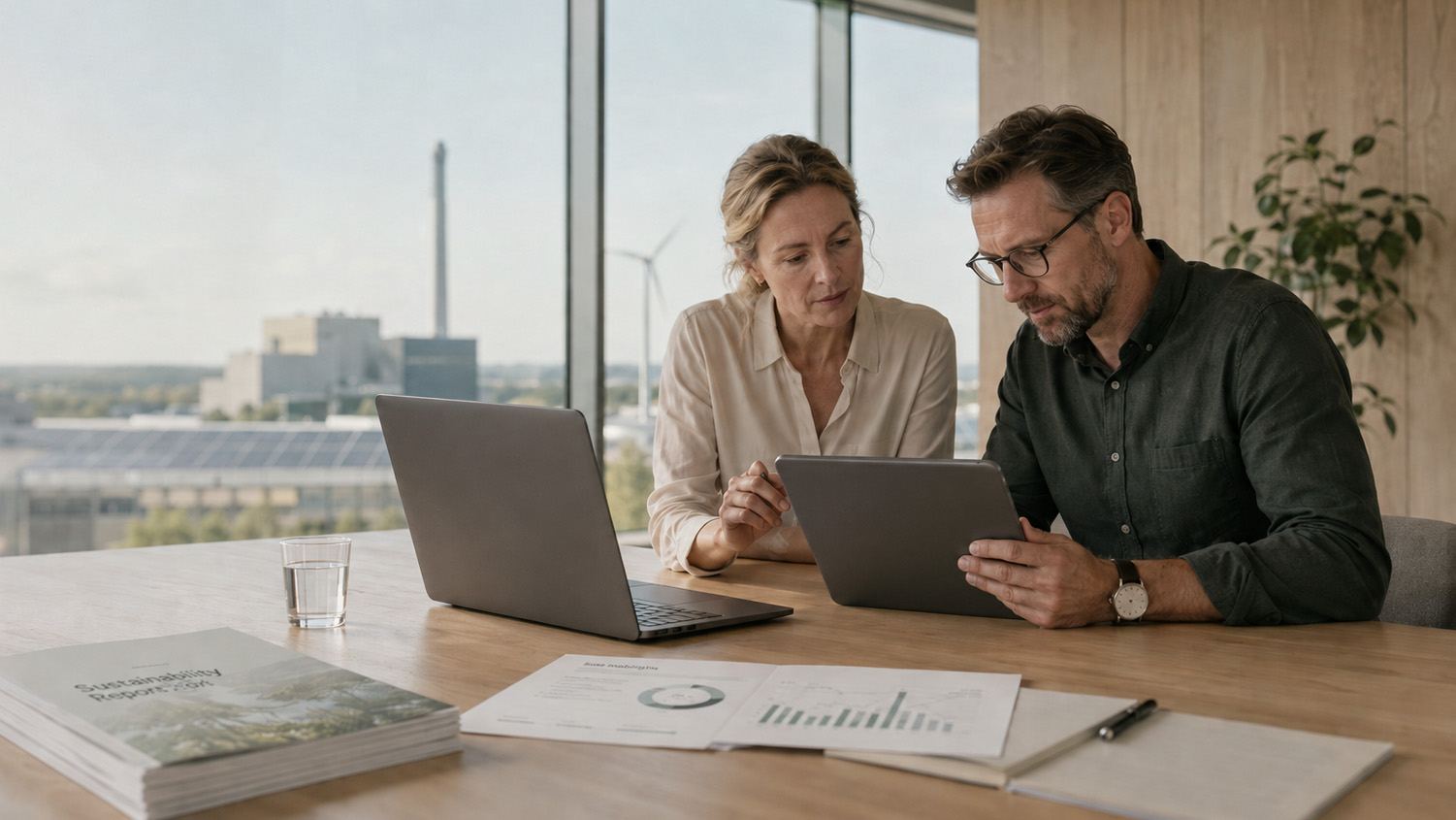 En kvinna och en man sitter på ett kontor med utsikt över industrier, och titta i en läsplatta och en laptop.