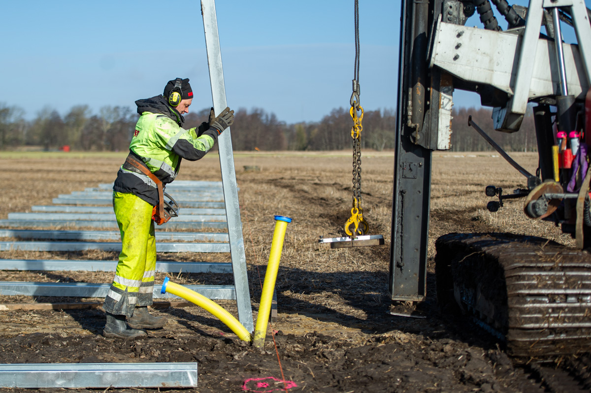 Man i arbetskläder sätter stålpåle i marken på en åker.