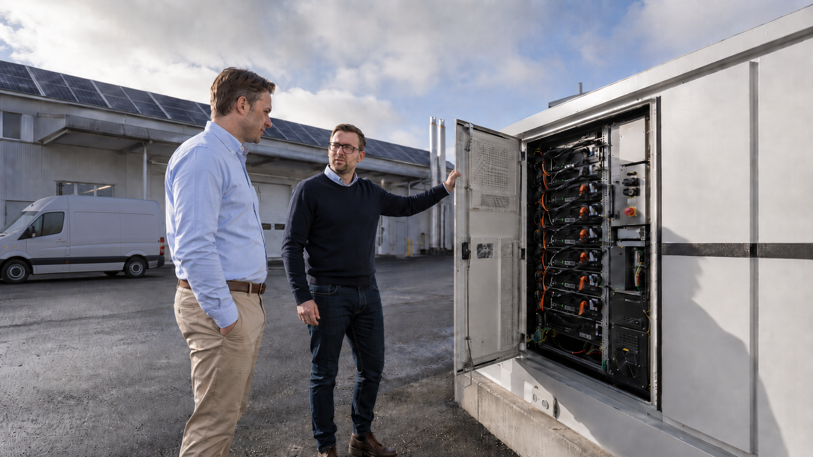 Två män står vid ett stort batteri utanför en fabriksbyggnad och tittar in i batteriet.