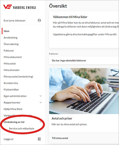 Skärmdump Mina Sidor med markering för länk till ombokning.