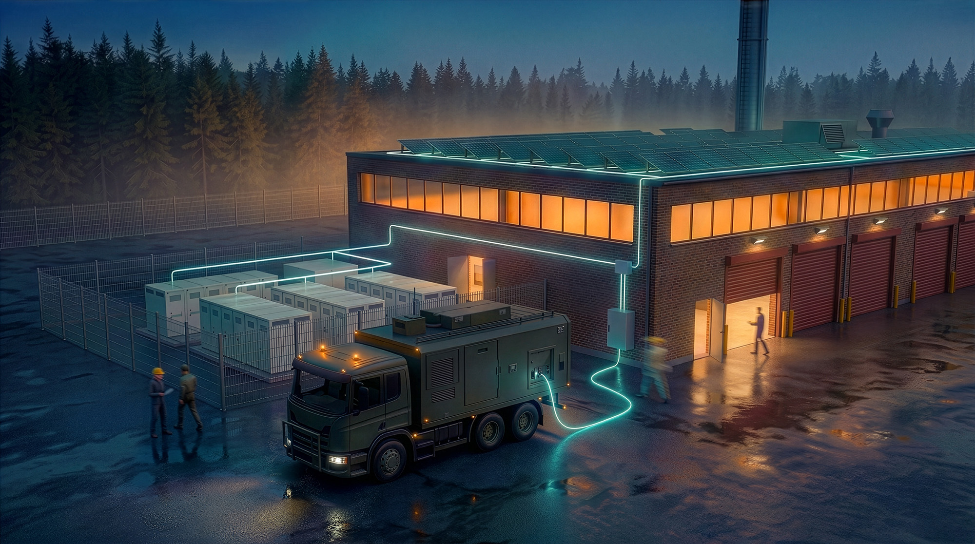 Illustration av en lastbil som laddas från batteri genom upplysta ledningar in i en fabriksbyggnad på kvällen. 