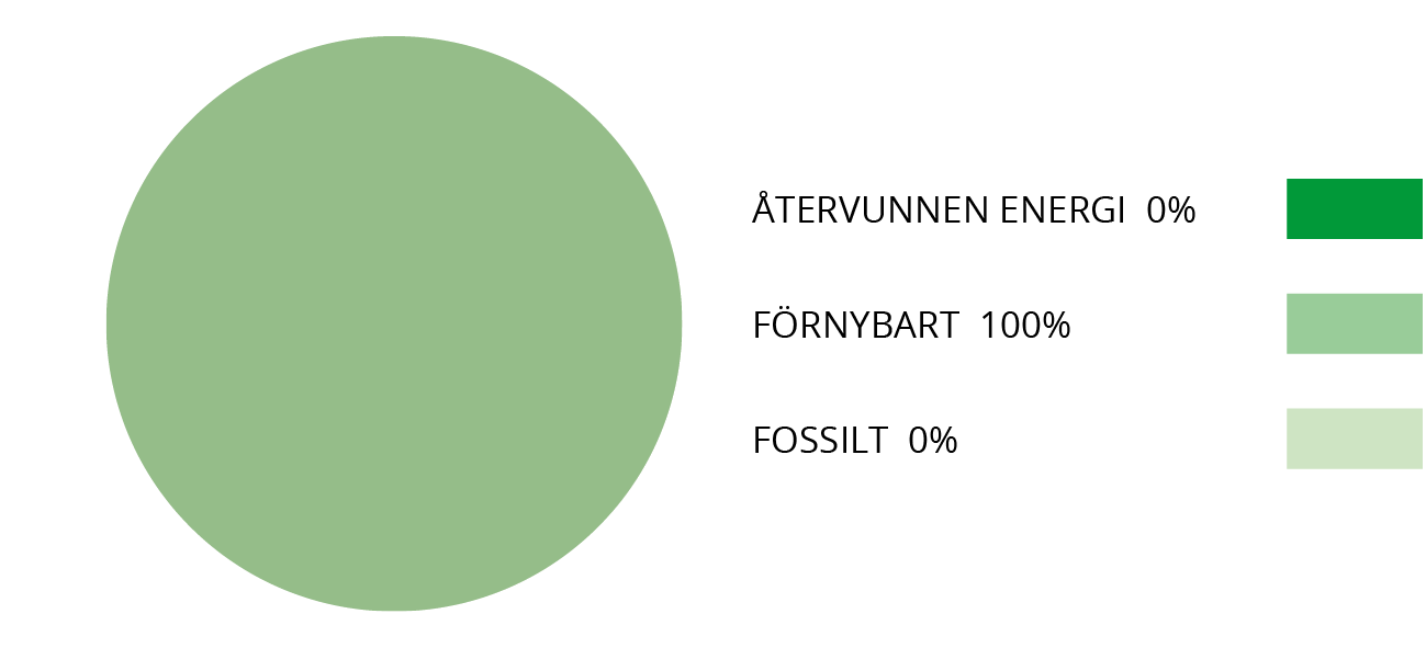 Cirkeldiagram som visar fördelningen i vår bränslemix enligt siffror i brödtexten.