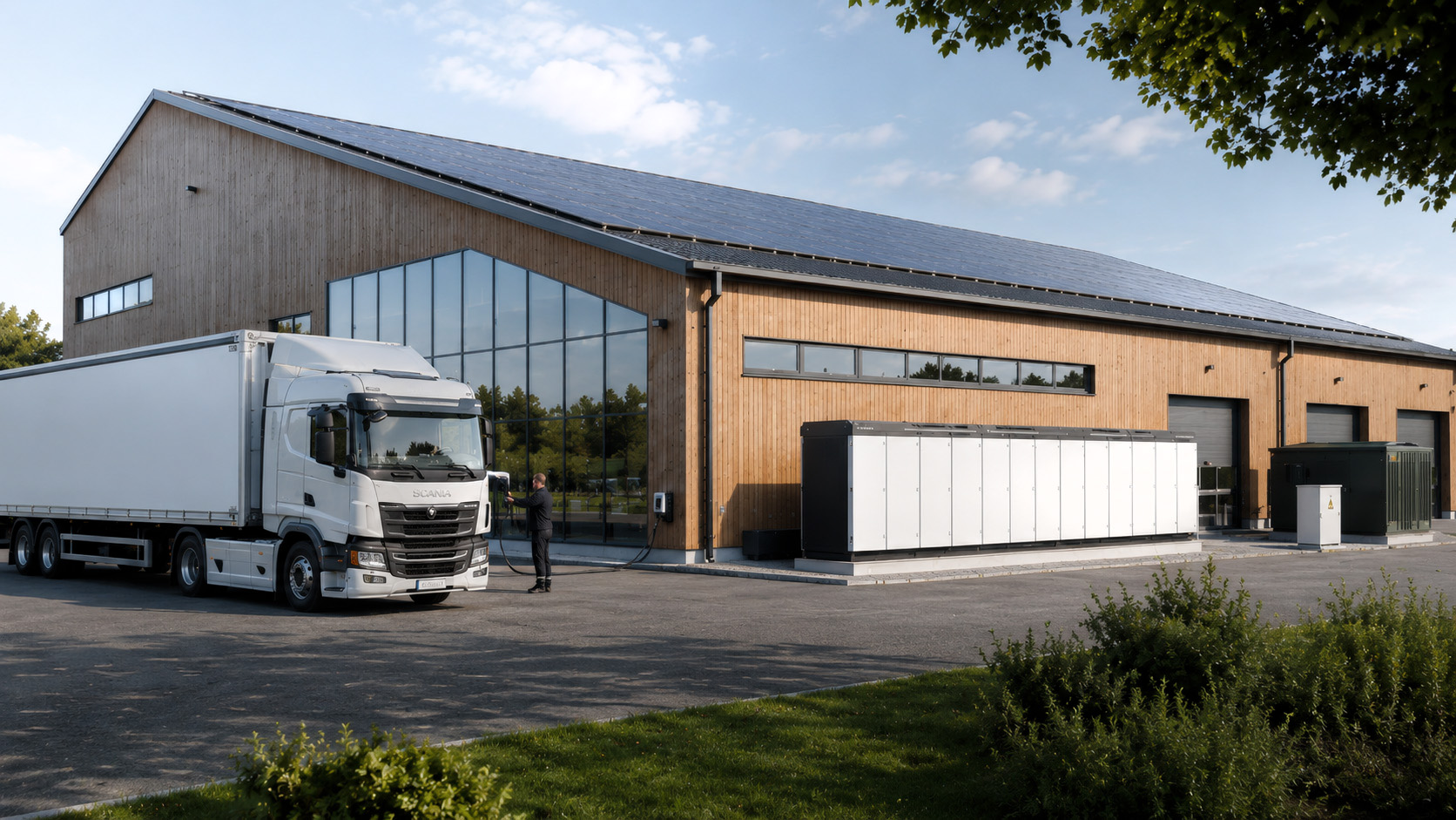 Moern fabriksbyggnad med solceller på taket och ett batterisystem på utsidan samt en lastbilschaufför som laddar en vit lastbil med el.