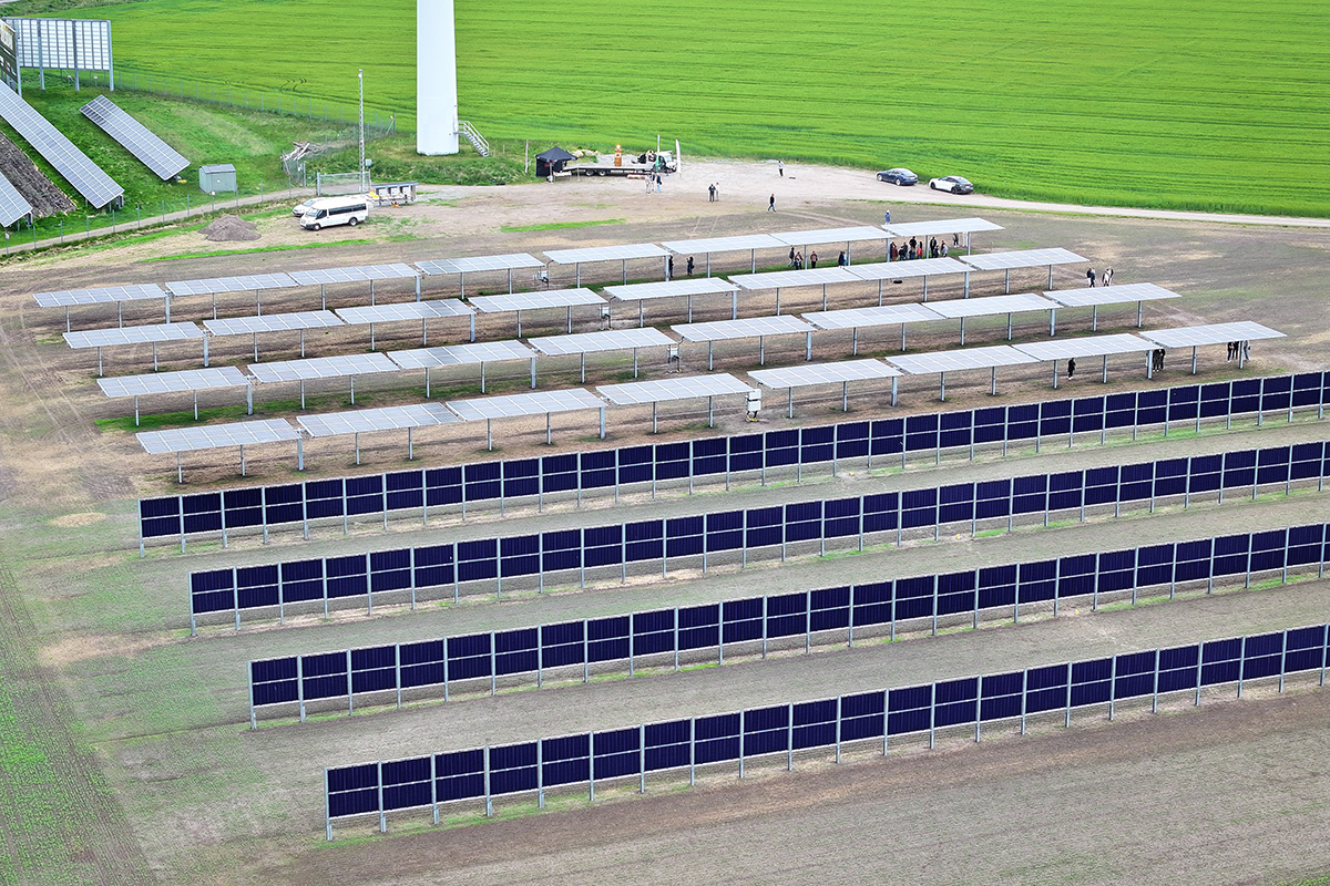 Flygbild över solcellspark med flera olika slags solceller, vertikala och horisontella.