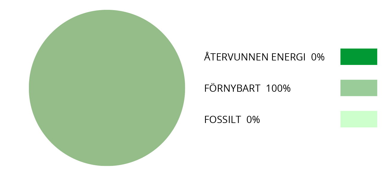 Cirkeldiagram som visar fördelningen i vår bränslemix enligt siffror i brödtexten.