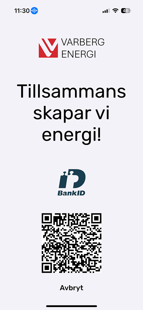 Vy i Varberg Energi-appen med QR-kod för inloggning med bank-ID på annan enhet.