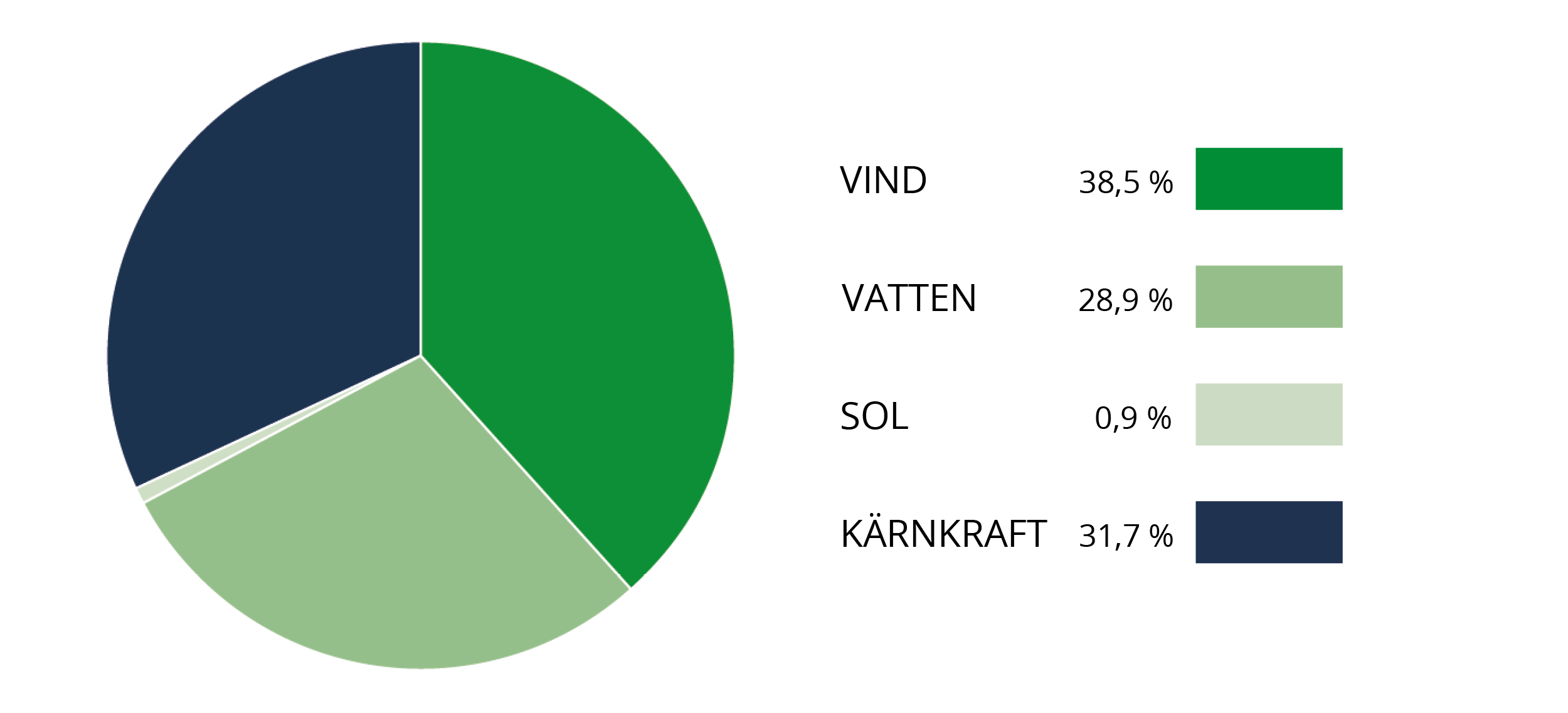 Cirkeldiagram som visar elens ursprung under 2024 enligt texten.