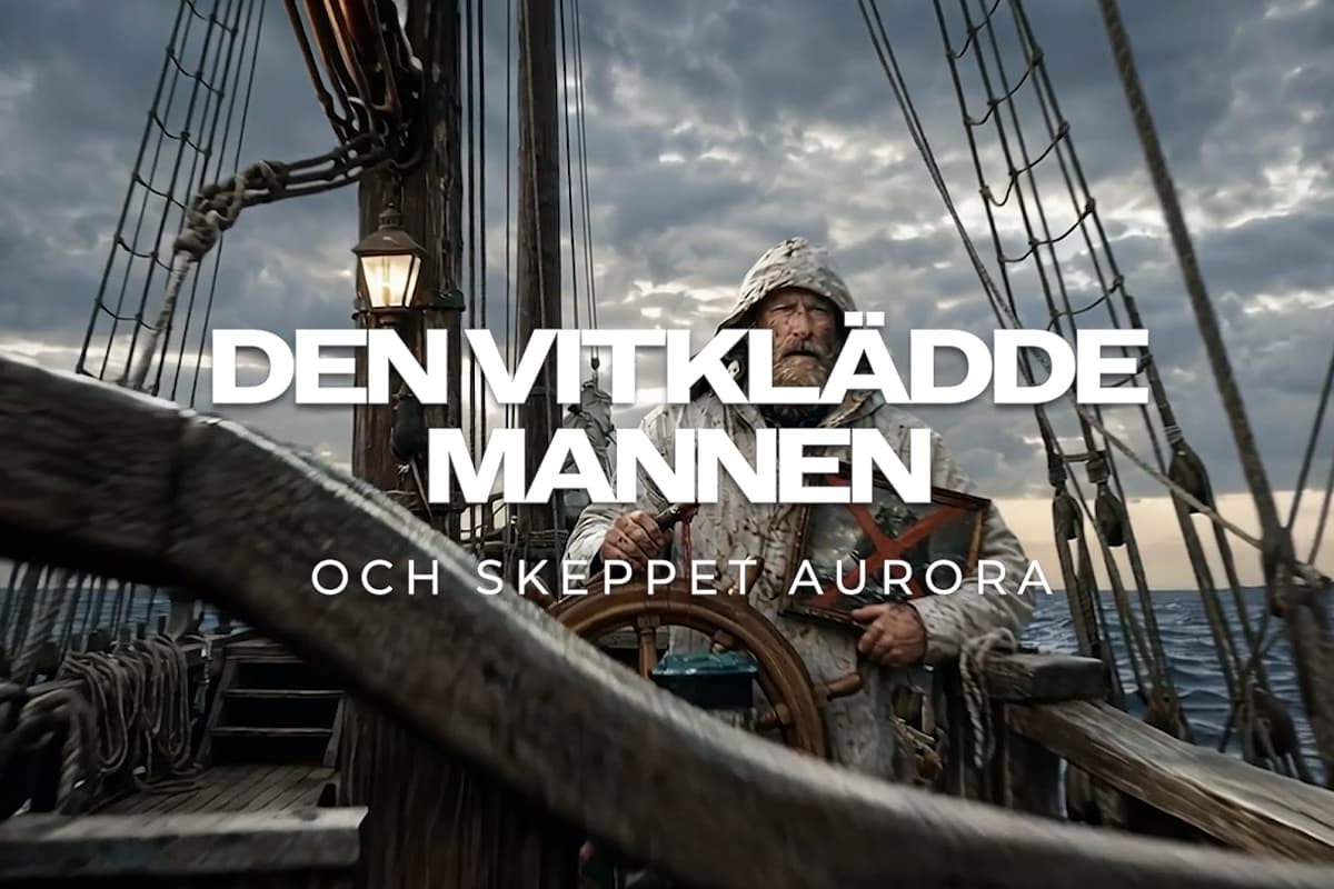 Man i vit seglarkläder styr gammalsdags skepp i hårt väder. Illuatrstion.