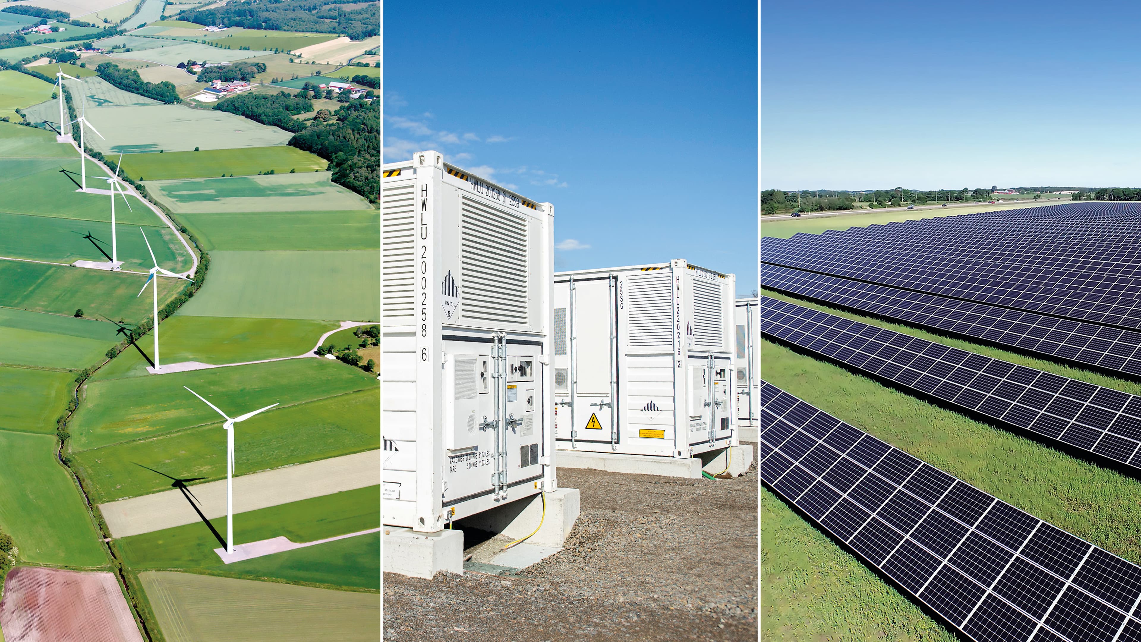 tre bilder som visar en vindkraftspark, ett batteripark samt en solpark.