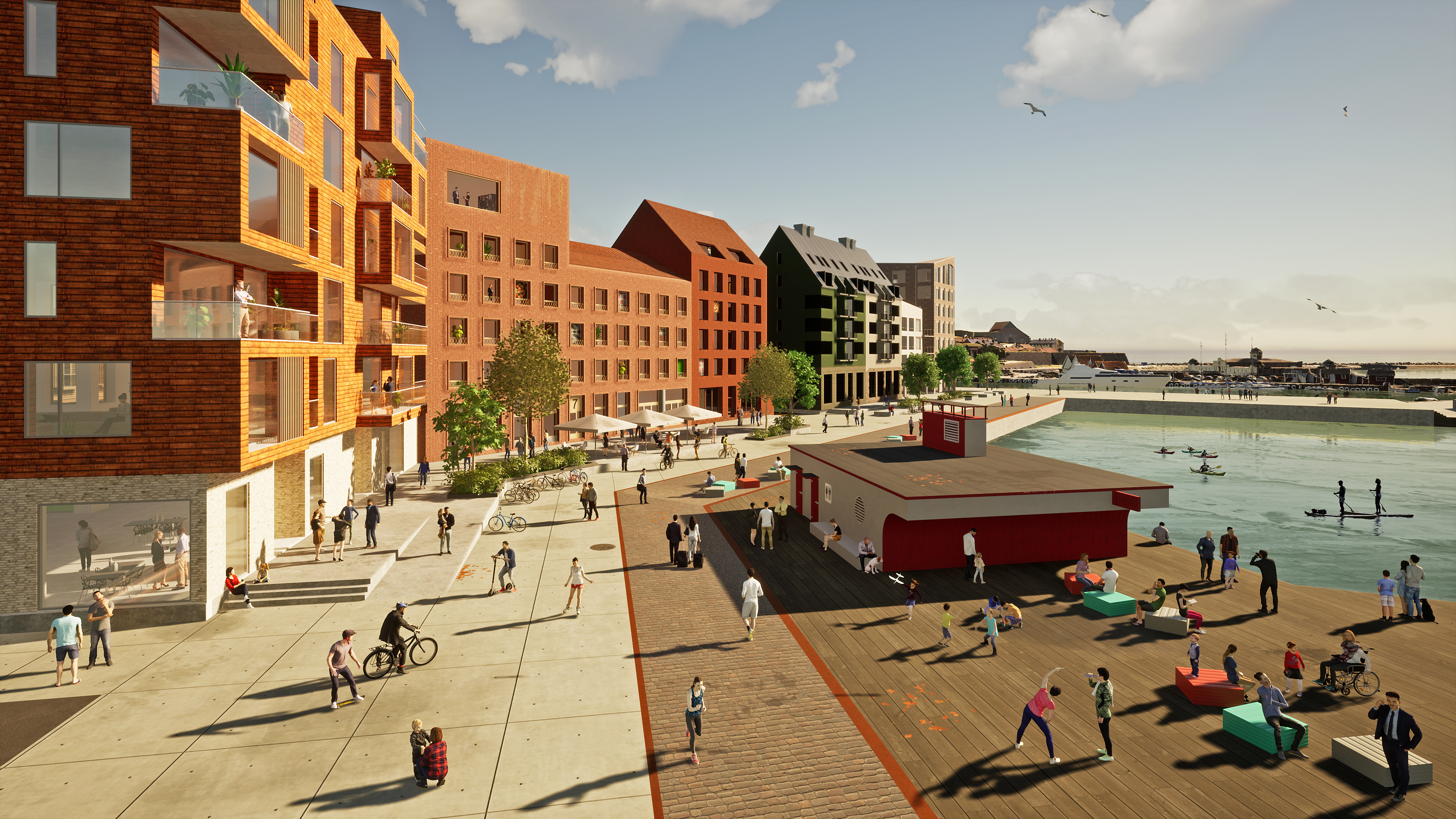 illustration över stadsdel med hamnkaj
