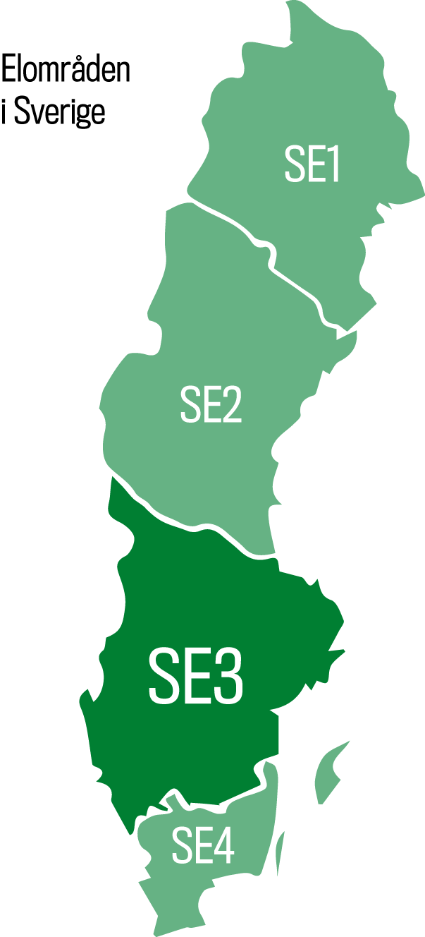 Teckning över Sverige indelat i de fyra elområdena med SE# i mörkgrönt och de övriga tre i ljusgrönt.
