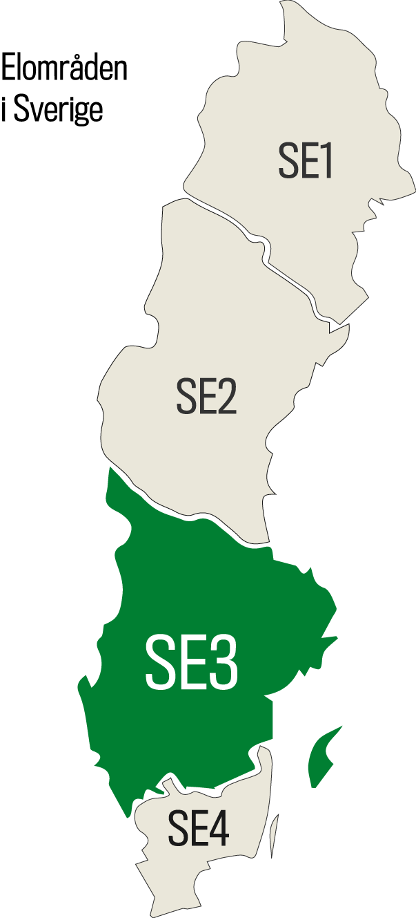 sverigekarta uppdelad i fyra elområden i grått och grönt