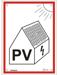 svartvit skylt med röd ram innehållande ett enkelt hus med solceller och bokstäverna PV 